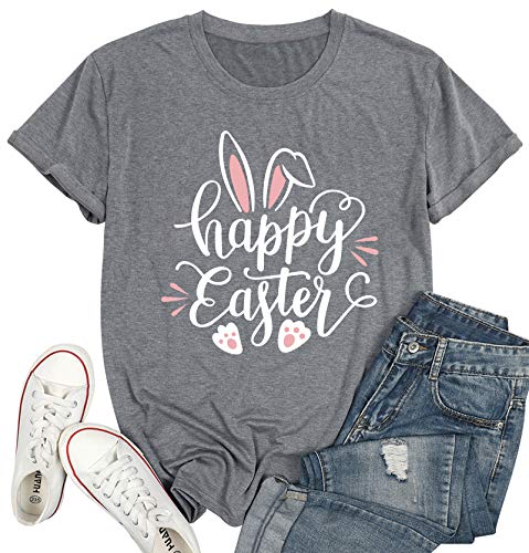 Image of Women Happy Easter T Shirt Bunny Rabbit Graphic T-Shirt Funny Letter Printed Shirts Short Sleeve Tops