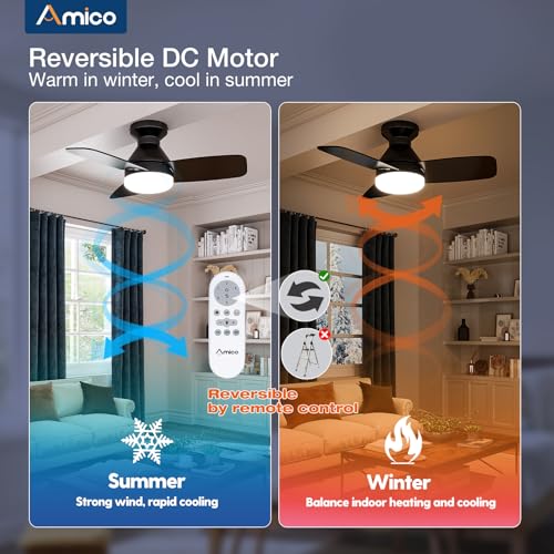 Image of Amico Ceiling Fans with Lights, 30 inch Low Profile Ceiling fan with Light and Remote Control, Flush Mount, Reversible, 3CCT, Dimmable, Noiseless, Black Ceiling Fan for Bedroom, Indoor /Outdoor Use