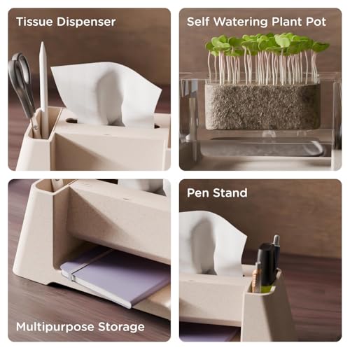 Image of eo Desk Organizer with Tissue Dispenser, Pen Stand & Phone Holder | Multipurpose Stationery Organizer for Office Desk, Study Table & Home | Made with 35% Rice Husk Blend (Versa, Sustainable)