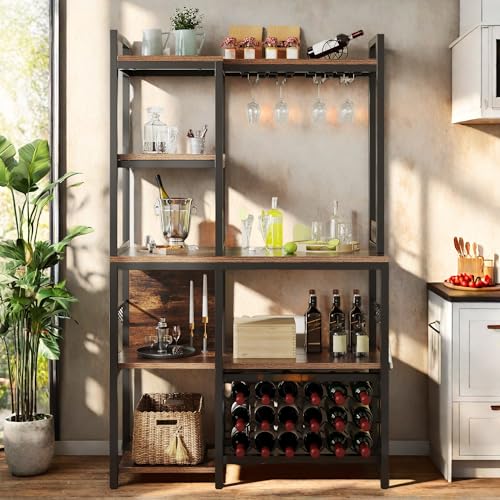 DWVO Large Bakers Rack with Power Outlets and Wine Rack, 35.5 inch 5-Tier Microwave Stand, Coffee Bar with Glasses Holder, Kitchen Storage Shelf with 6 Hooks, for Living Room, Office, Rustic Brown