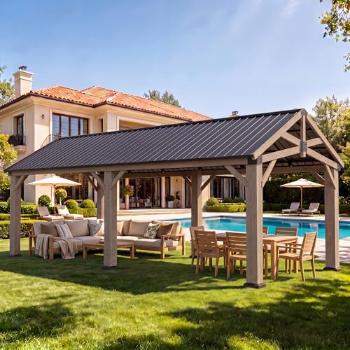 Aoxun 12 x 20 Outdoor Wood Gazebo Hardtop Gazebo Permanent Wooden Pavilion with Galvanized Steel Gable Roof for Patio Garden Deck Cedar Wood