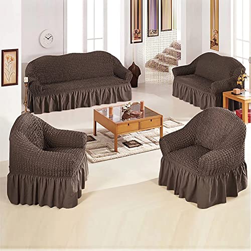 Image of House of Quirk Turkish Bubble Frill Five Seater 3 + 1 + 1 Sofa Slipcovers 280 GSM, Durable Washable Universal Triple Seater High Elastic Furniture Protector (Coffee)