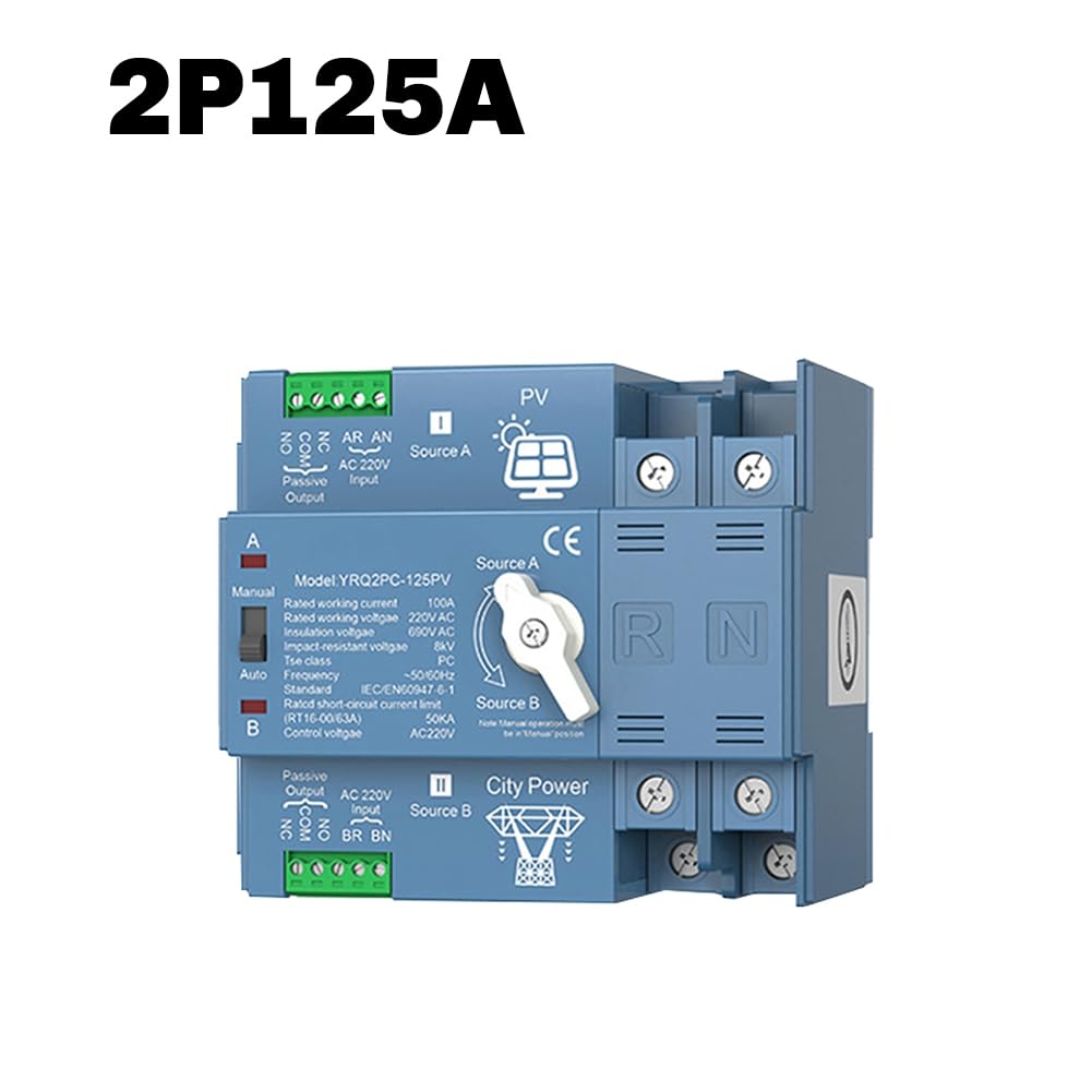 ATS Dual Power Commutatore Automatico di Trasferimento per Generatore o Energia Solare Fotovoltaica al Cambio di Potenza di Città. Inverter Solare 2P125A.