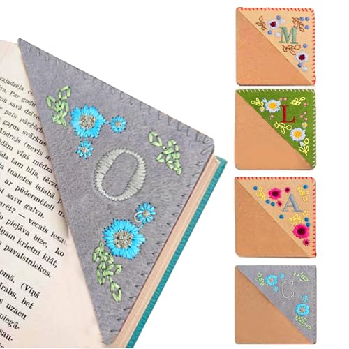 Personalized Hand Embroidered Corner Bookmark,Felt Triangle Page Bookmark,Flower Letter Embroidery for Book Lovers(Grey Winter O)