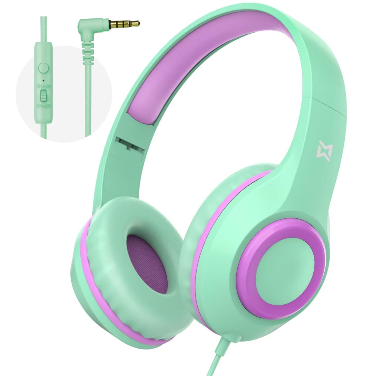 Mevoix Kids Headphones with Mic, 94dB Volume Limit Over Ear Kids Headphones Wired for School - Mint