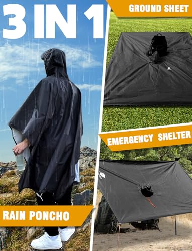 ANYOO Leichter Wasserdichter Regenjacken Wiederverwendbar Ripstop Atmungsaktiver Mehrzweck Regenmantel mit Kapuze Faltbare Schutzdecke Unterschlupf für im Freien Camping Wandern Angeln,Schwarz