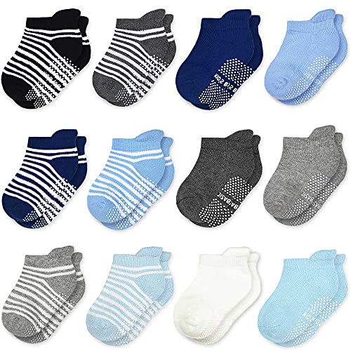 Image of Tphon 12 Pairs Toddler Non Skid Socks with Grips Anti Slip Bottom, Cotton Non Slip Ankle Crew Socks for Boys, Girls, Kids(1-7Years)