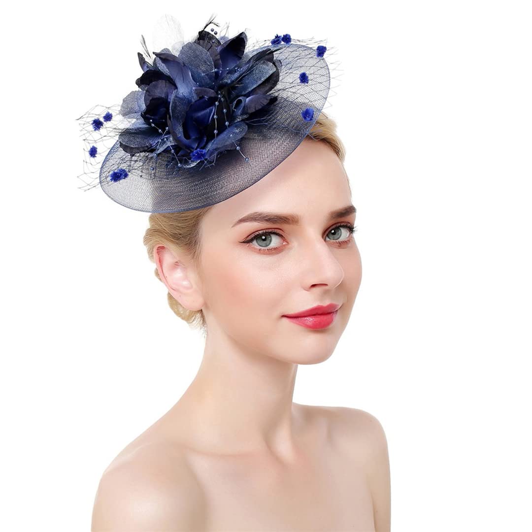 Copricapo da sposa, donna, con fiori, in rete e piume, for cocktail feste in chiesa(Navy)