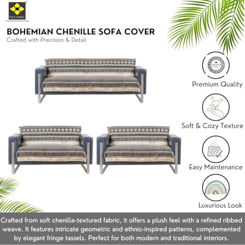 Image of Elegant Woven Grey Sofa Cover - Soft Chenille Traditional Pattern with Lace Style | L-Shape Sectional Seat Protector for Living Room | Durable & Stylish Slipcover 7 Seater Sofa Cover