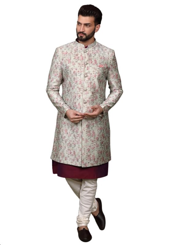 Kisah Men's Ethnic Wear Silk Blend Woven Design Regular Fit Multi-Purple Kurta Indo-Western Sherwani Set Indo-Western (36)