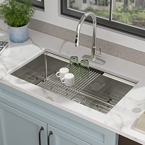 Image of 30 inchx19 inch Undermount Kitchen Sink Workstation Single Bowl | 16 Gauge T304 Stainless Steel, Brushed Nickel Finish, with Integrated Ledge, Round Corners, Under Counter
