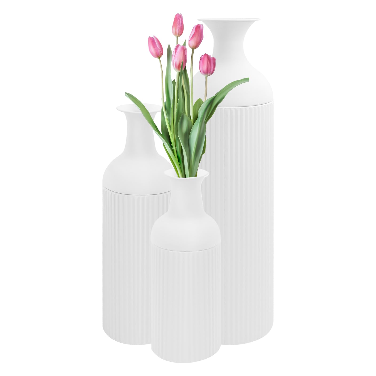 3er-Pack Vasen, Moderne Deko Blumenvase aus Metall, Vasen Set, Zylinder Vase, Tischdeko Outdoor, Vase Deko Landhausstil für Haus/Hochzeitsdeko & Gartenblumen (Weiß)