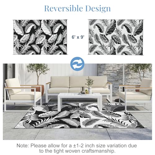 OPPODREAM Reversible Outdoor Rug 6x9, Waterproof Outdoor Plastic Straw Rug for Patio, Tropical Leaf RV Camping Rugs for Outside, Deck, Balcony, Porch, Backyard, Camping, Rv, Black and White by OPPODREAM - Used condition - Image 2