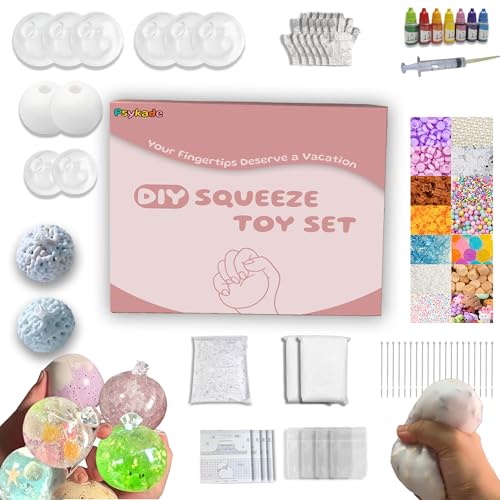DIY Stress Ball Making Kit - 10 TPR Skins, 13 Fillers, 14 oz Slime, 7 oz Clay, Create ASMR Anxiety Relief Toys, Handmade Squishy Stress Balls, Unique Self-Care Gifts for Women, Crunchy and Relaxing