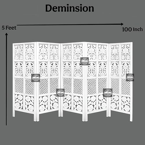 Image of Wooden Room Divider Screen, Carved,Decorative Handcrafted Privacy Screen Separator Wall Divider | Folding Partition with Floral & Jaali Design (White, 5ft-5 Panel White)