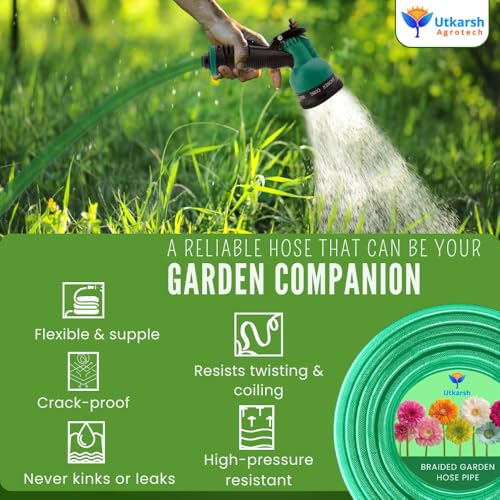 Image of Utkarsh Heavy Duty PVC Braided Water Hose Pipe - 10 Meter / 0.5 inch, with 8-Mode Spray Gun, 1 Tap Adapter, Connector & 3 Clamps for Garden, Car Wash, Floor Clean, Pet Bath, Indoor /Outdoor (32.8 ft)