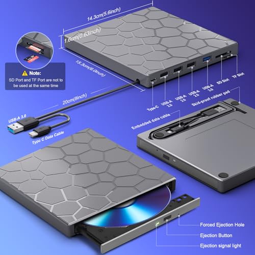 Image of BPAKDU External CD /D1VD Drive for Laptop, DVD Player for Laptop, 8 in 1 USB 3.0 Ultra-Slim Portable (gunmetalgrey)