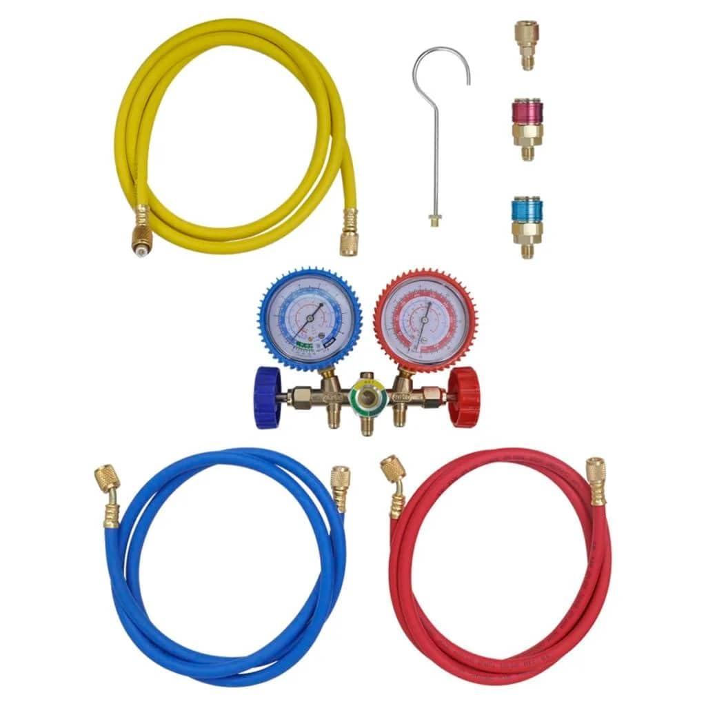 Vakuumpumpe Mit 2-Wege-Manometer-Set Fur Klimaanlagen | Aluminiumgehause, Olschauglas, Integrierter Griff, Farbcodierte Manometer, Stahlhaken