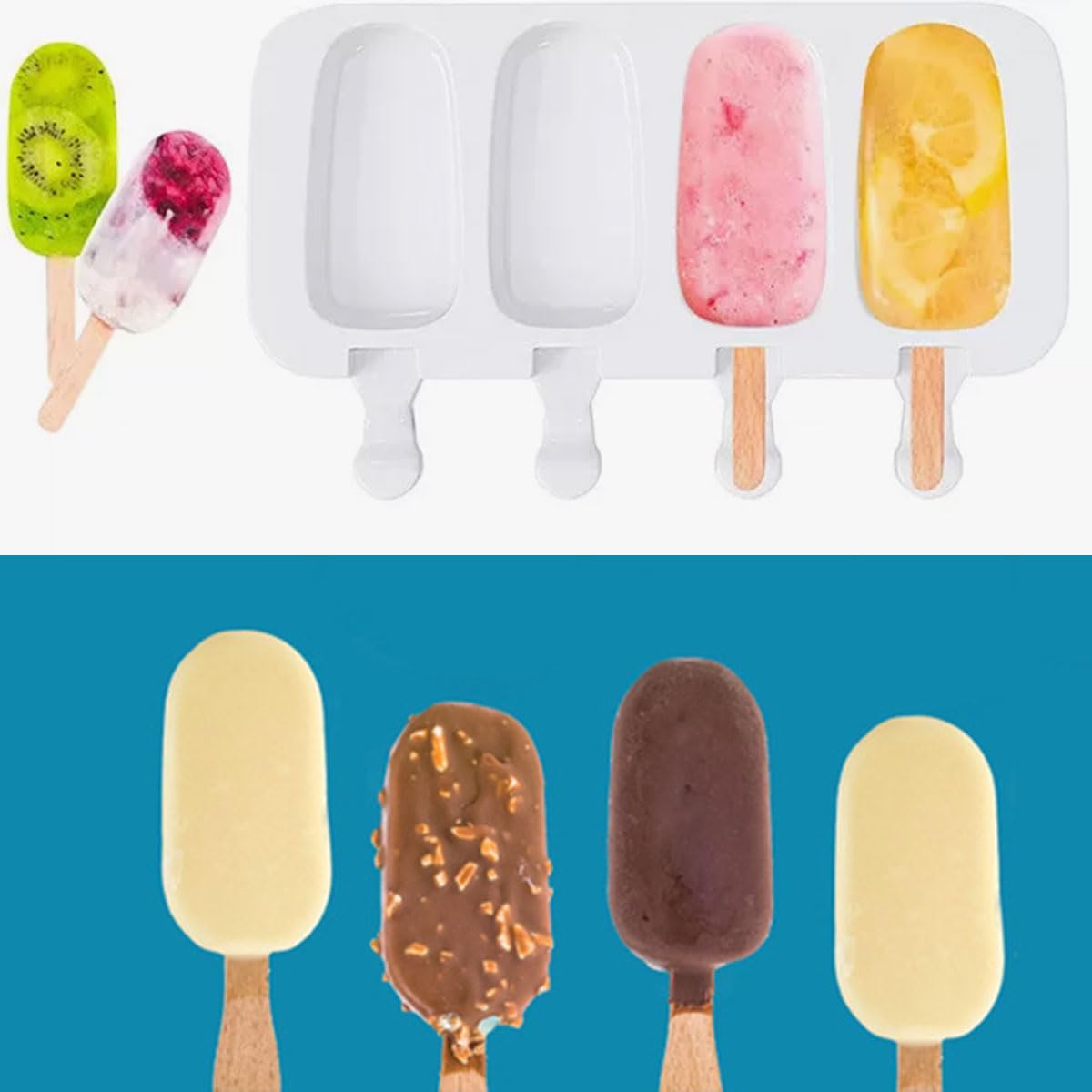 Moldes de Helado,8 Pack Juego de Moldes para Polos, 2 Unidades Molde de Silicona para Helados de Chocolate, con 4 Cavidades y 100 Palos de Madera, sin BPA Helado DIY