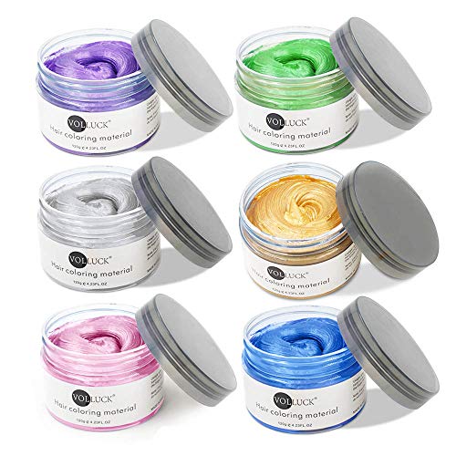 6 Colors Hair Coloring Wax Temporary Hair Clay Pomades 4.23 oz- Purple Green Grey Gold Pink Blue Hair Dye - Natural Hair Dye Material Disposable Hair Styling Clay Ash for Cosplay,Halloween,Party
