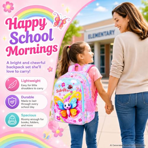 Image of AGSDON 3PCS Girls Butterfly Backpack, 16 inch Kids Backpacks and Lunch Bag Set for Girls, Water Resistant Elementary Bookbag for Toddler