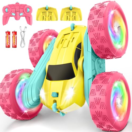 Image of Remote Control Car, RC Cars for Girls, Double-Sided 4WD Stunt Car with RGB Lights & 360 Flips, USB-C Modular Batteries, Toys for Ages 5-7, Birthday Gift for 6+ Year Old Girl, Yellow-Pink