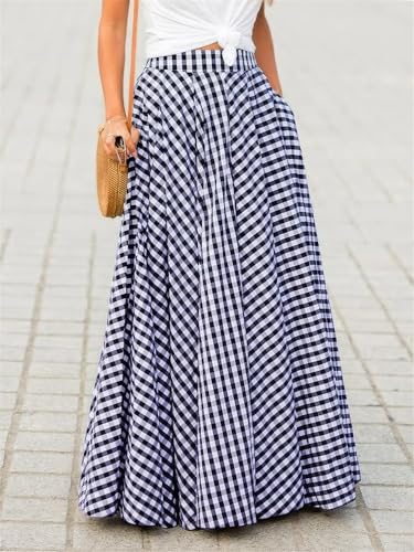 Retro Plaid Long Skirts for Women, Elastic High Waist Plaid Gingham Print Ruffle Flowy a Line Skirts with Pockets3