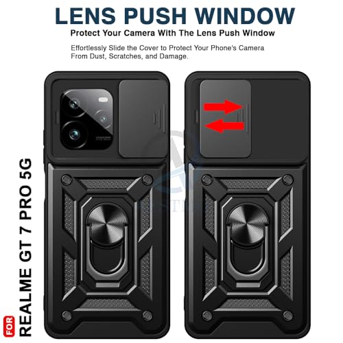 Image of AESTMO Tough Armor Realme GT 7 Pro 5G Bumper Back Case Cover | Ring Holder & Sliding Camera Shield Cover | 360 Degree Protection Back Case Cover for Realme GT 7 Pro 5G (Black)