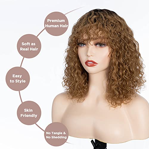 Fashion Idol Short Curly Human-Hair Wigs with Bangs 12 Inch Jerry Curl Bob Wigs Human Hair Brazilian Virgin Human Hair None Lace Front Wigs for Black Women Machine Made Ombre Gold Wigs - Image 4