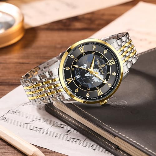 Image of London Fog Baker Collection Analog Quartz Watch for Men, Round World Map Dial with Month Markers & Crystal Accents, Luminous Hands, Stainless Steel Strap - LFM10009
