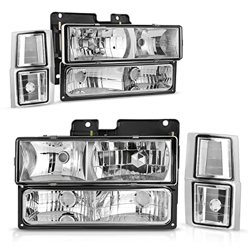 AUTOSAVER88 Headlight Assembly Compatible with 1994-1999 Chevy C/K Series C1500 C2500 C3500 K1500 K2500 K3500 Tahoe Suburban Silverado Crystal Headlamp w/Corner and Bumper Light Chrome Housing