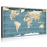 WELMECO XLarge Blue Rustic Wood Background Detailed World Map Canvas Prints with Premium Black Frame
