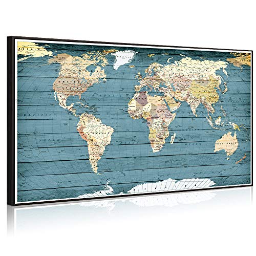 Welmeco Xlarge Blue Rustic Wood Background Detailed World Map Canvas Prints With Premium Black Frame Vintage Push Pins Travel Map Of The World Picture For Modern Home Office Living Room Decoration #TOP4