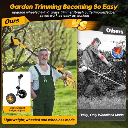 Image of 20000 RPM Brushless Battery Weed Wacker Cordless, 6000mAh Electric Weed Eater Battery Powered, Heavy Duty Brush Cutter Edger Lawn Tool /Weed Trimmer /Grass Trimmer W /Wheel Metal Blade, 2 Battery