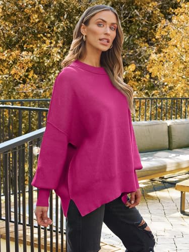 Image of LILLUSORY Women's Oversized Batwing Sweaters 2026 Fall Outfits Trendy Crewneck Knit Side Slit Fashion Pullover Tops