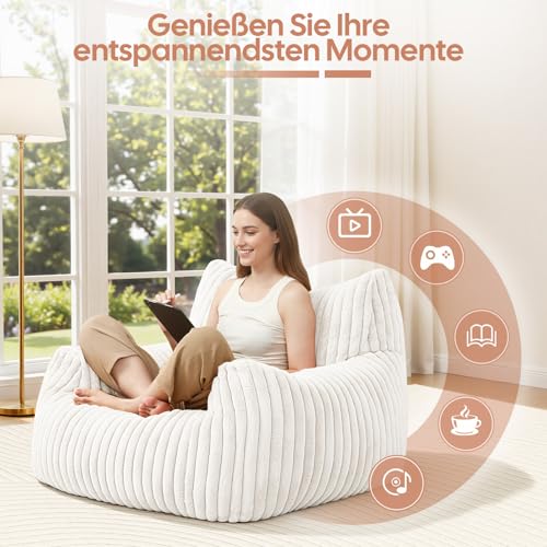 MeMoreCool Sitzsack XXL für Erwachsene, Groß Weiche Plüsch-Bean-Bag mit Füllung, Bequemes Bodensitzmöbel zum Spielen und Lesen, Sessel für Wohnzimmer oder Schlafzimmer oder Jugendzimmer, Beige