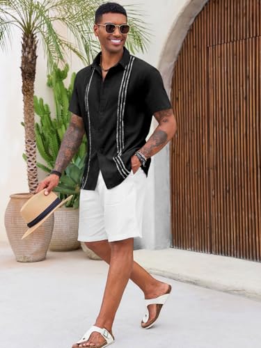 Runcati Mens Cuban Guayabera Shirts Short Sleeve Button Down Casual Summer Beach Wedding Embroidered Linen Tops4