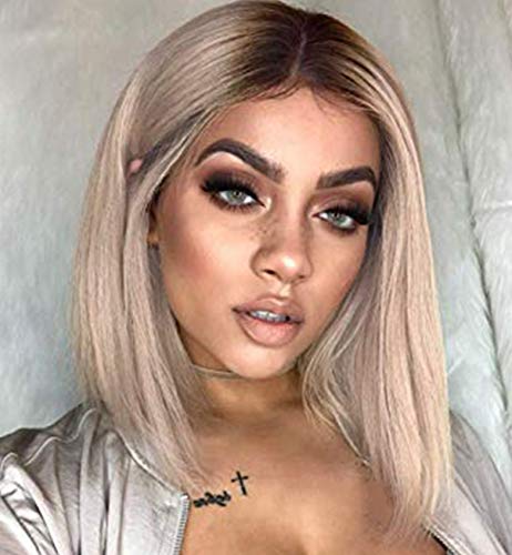VEBONNY Mixed Blonde Synthetic Wigs Ombre Brown Rooted Short Bob Wig Blunt Cut Best Hair Wigs UK Silky Straight Wig 14 inch
