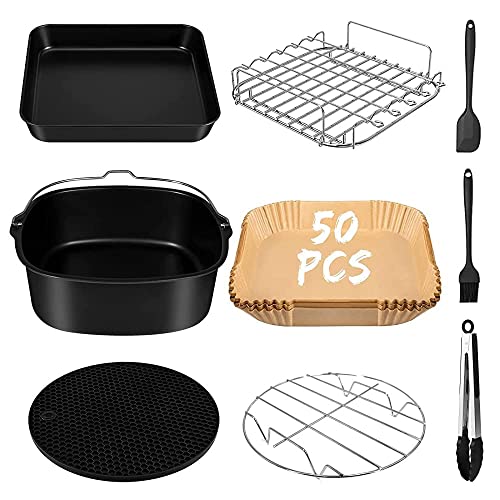 9Piezas Accesorios Para Freidoras De Aire,Kit de Accesorios para Freidora sin Aceite para Todas las Marcas de 5.5L,Incluye Bandeja para Tartas/Sartén para pizza/Soporte Metálico Apto para Lavavajillas