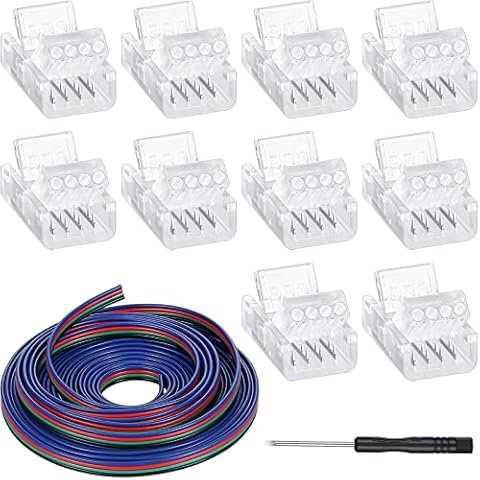 Zhengmy 10 Pack 4 Pin LED Strip Light Connectors 10 mm, Solderless LED Strip Connector, Track Lighting Connectors for Waterproof RGB LED Strip Lights 16.4 Ft Conductor Extension Cable with Screwdriver Cover