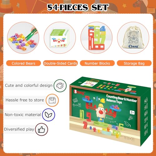Image of Bmag Balance Counting Toys with Bears Counting Scale for Kids - 3 in 1 Stacking & Balancing Math Game, Montessori STEM Learning Educational Toy for Ages 3-5, Gift (30 Bears, 10 Numberblocks)