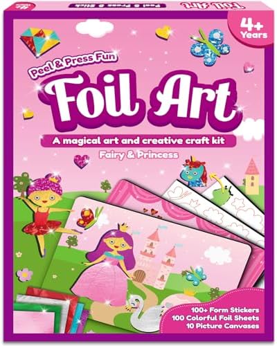 Foil Fun Art Kit for Kids: Foil Art Fairy Princess Stickers Arts and Crafts Mess Free Art Craft Supplies for Girls 4 5 6 7 8 9 Year Old Kids Activity Kit Travel Toys Christmas Birthday Gifts