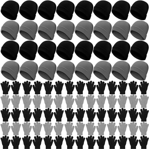 Image of Xtinmee 100 Pcs Kids Winter Beanie and Gloves Bulk Warm Knit Hat Stretchy Full Fingers Gloves Pack Unisex Cold Weather Set