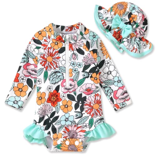 Image of Aalizzwell Baby Girls Long Sleeve One Piece Swimsuit with Hat