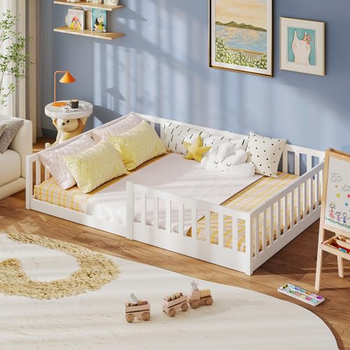 labebe Kinder-Bodenbett 140 x 200 weißes Massivholz-Montessori-Bett mit Sicherheitsgeländer und Lattenrost (Matratze Nicht im Lieferumfang enthalten) Geeignet für Kinder und Babys