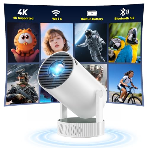 Mini Projector with WiFi and Bluetooth, Built-in Rechargeable Battery, 4K Support Wireless Outdoor Movie Projector, Auto Keystone, 220° Rotation, Compatible with Phone/TV Stick/HDMI/USB for Bedroom