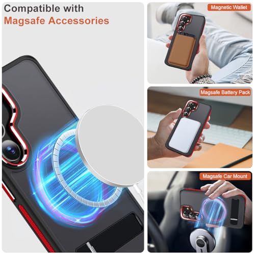 Magnetic for Samsung Galaxy S24 Fe Case with Stand Fits for Magsafe Anti Slip Hybrid Color Translucent Cover Slim Case for Galaxy S24 Fe Shockproof Drop Protection BlackRed