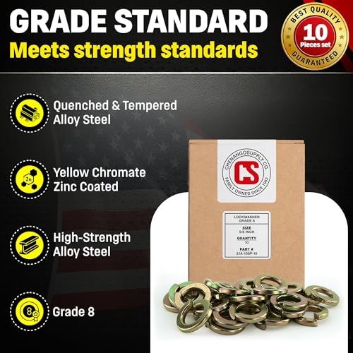 Image of Chenango Supply 5 /8 inch Grade 8 Split Lock Washers | Hardened Alloy Steel, Yellow Zinc Chromate Finish, Heavy Duty Spring Lock Washers for 5 /8-11 Hex Bolts (25 Pieces)