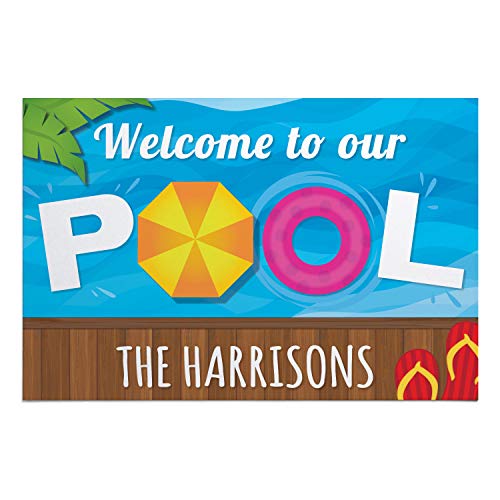 Personalized Planet Welcome to Our Pool Doormat with Custom Family Name Printed on Oversized Colorful Rectangular 1/8” Thick Non Slip Mat for Kitchen Hallway Deck or Porch, 36x24