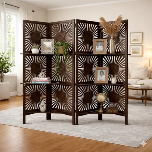 Image of Wooden Room Divider 6 Feet, 4-Panel Folding Wooden Partition for Living Room, Office, Pooja Room, Restaurant, Kitchen & Balcony (2W x 1.82H Meters). (Brown-Shelves)